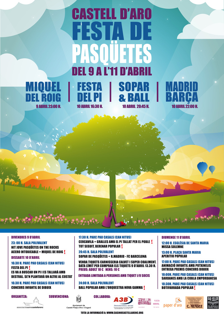 Cartell de la Festa de Pasqüetes de Castell d'Aro, del 9 a l'11 d'abril de 2010, amb la programació completa. Actes destacats: Miquel del Roig, la Festa del Pi, sopar i ball, i la retransmissió del Madrid–Barça.