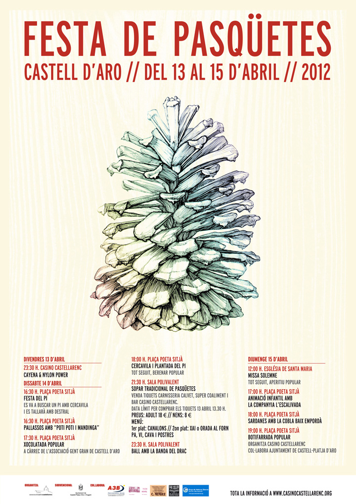 Cartell i programa de la Festa de Pasqüetes de Castell d'Aro, del 13 al 15 d'abril de 2012, amb la il·lustració d'una pinya.