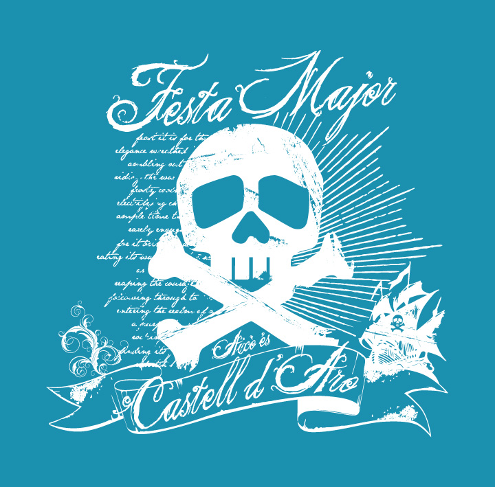 Disseny de la samarreta de la Festa Major 2010 sobre fons blau: una calavera amb dues tíbies creuades i el lema «Festa Major · Això és Castell d'Aro».