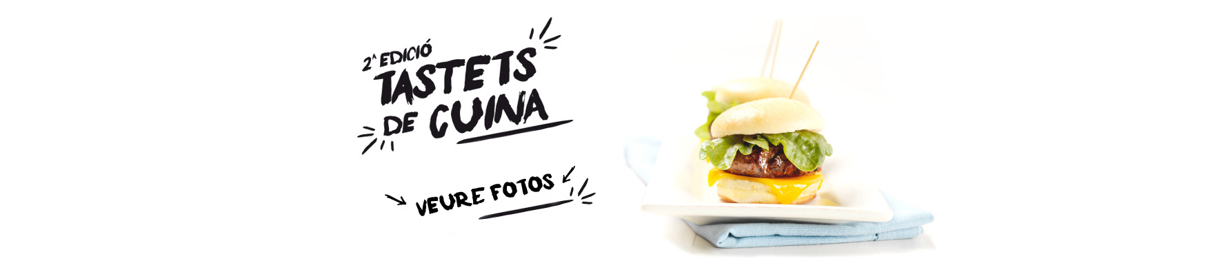 Rètol de la 2a edició del Tastets de Cuina amb una minihamburguesa emplatada.
