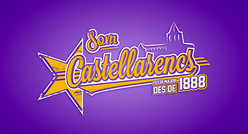 Emblema «Som Castellarencs · Festa Major des de 1888» en groc i blau sobre fons lila, amb una estrella i el perfil del castell.