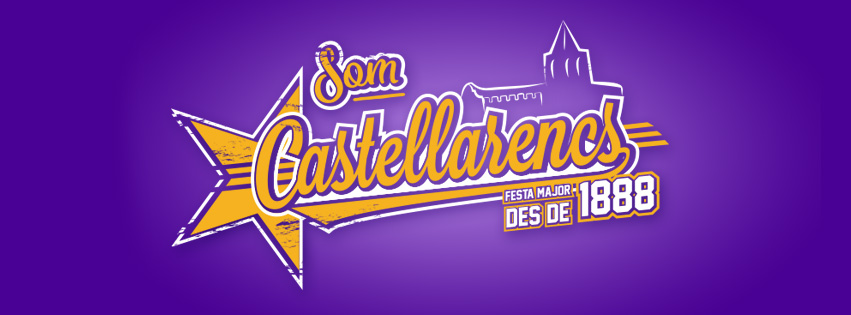 Emblema «Som Castellarencs · Festa Major des de 1888» en groc i blau sobre fons lila.