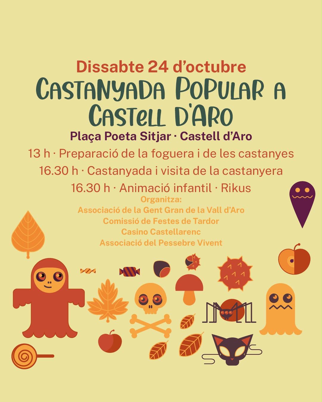 Cartell de la Castanyada Popular de Castell d’Aro del 24 d’octubre de 2026, amb motius de tardor. Programa i organitzadors transcrits en aquesta pàgina.