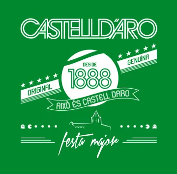 Disseny de la samarreta de la Festa Major 2012 sobre fons verd: «Castell d'Aro · des de 1888 · original genuïna · això és Castell d'Aro · festa major».