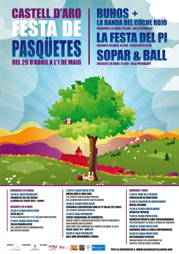 Cartell i programa de la Festa de Pasqüetes de Castell d'Aro, del 29 d'abril a l'1 de maig, amb Buhos i La Banda del Coche Rojo, la Festa del Pi i sopar i ball. Il·lustració d'un arbre en un paisatge de colors.