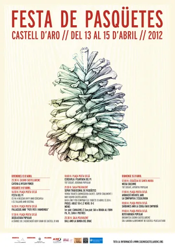 Cartell i programa de la Festa de Pasqüetes de Castell d'Aro, del 13 al 15 d'abril de 2012, amb la il·lustració d'una pinya.