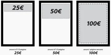 Esquema de mides i preus dels anuncis de la revista: 25 € un cinquè de pàgina, 50 € un terç de pàgina, 100 € pàgina sencera.