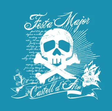 Disseny de la samarreta de la Festa Major 2010 sobre fons blau: una calavera amb dues tíbies creuades i el lema «Festa Major · Això és Castell d'Aro».