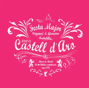 Disseny de la samarreta de la Festa Major 2011 sobre fons rosa: «Festa Major original & genuina rockabilly · això és Castell d'Aro · Born to Rock · we love bebidas espirituosas since 1888».