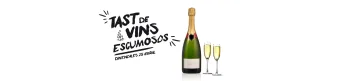 Rètol: «Tast de vins escumosos · Divendres 25 abril», amb una ampolla de cava i dues copes.