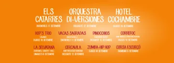 Graella taronja amb la programació de la Festa Major 2015: Els Catarres, Orquestra Di-versiones, Hotel Cochambre, Hop's Trio, Vacas Sagradas, Pinocchios, Correfoc, La Selvatana, cercavila, zumba-hip hop i Cursa Escurçó, amb el dia de cada acte.