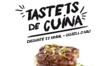 Rètol: «Tastets de Cuina · Dissabte 11 abril · Castell d'Aro», amb un plat de carn.