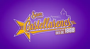 Emblema «Som Castellarencs · Festa Major des de 1888» en groc i blau sobre fons lila, amb una estrella i el perfil del castell.