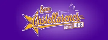Emblema «Som Castellarencs · Festa Major des de 1888» en groc i blau sobre fons lila.